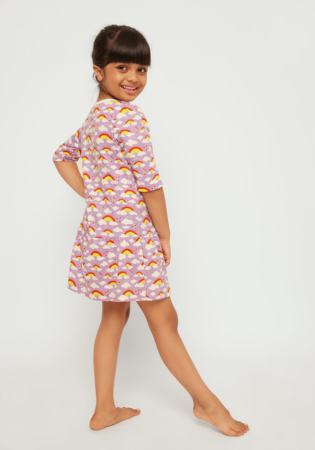 LILAC AND MULTICOLOR RAINBOW PRINT FIT AND FLARED DRESS