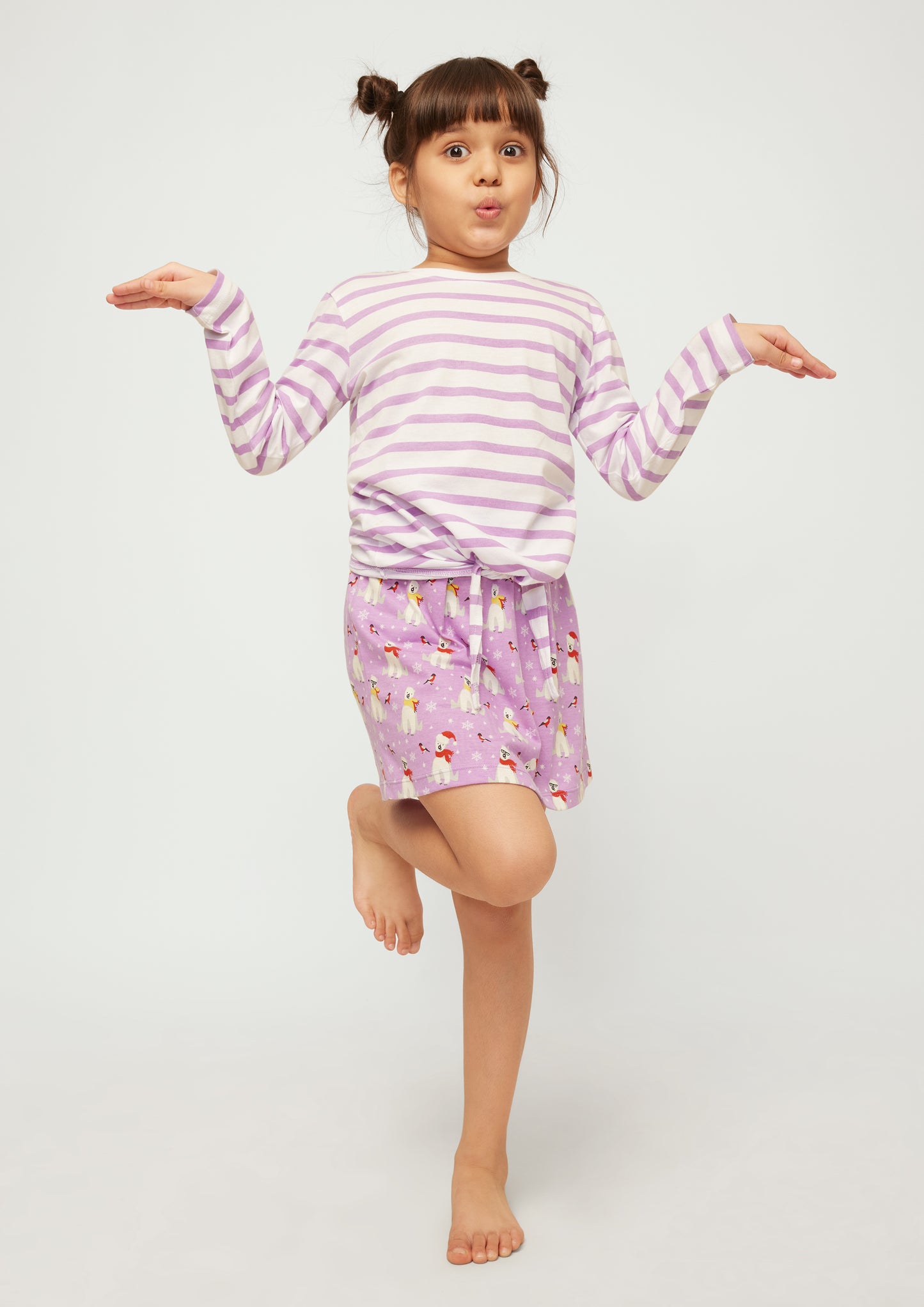 Stripe T-shirt with Lilac and White Polar Bear Printed skirt co-ord Set