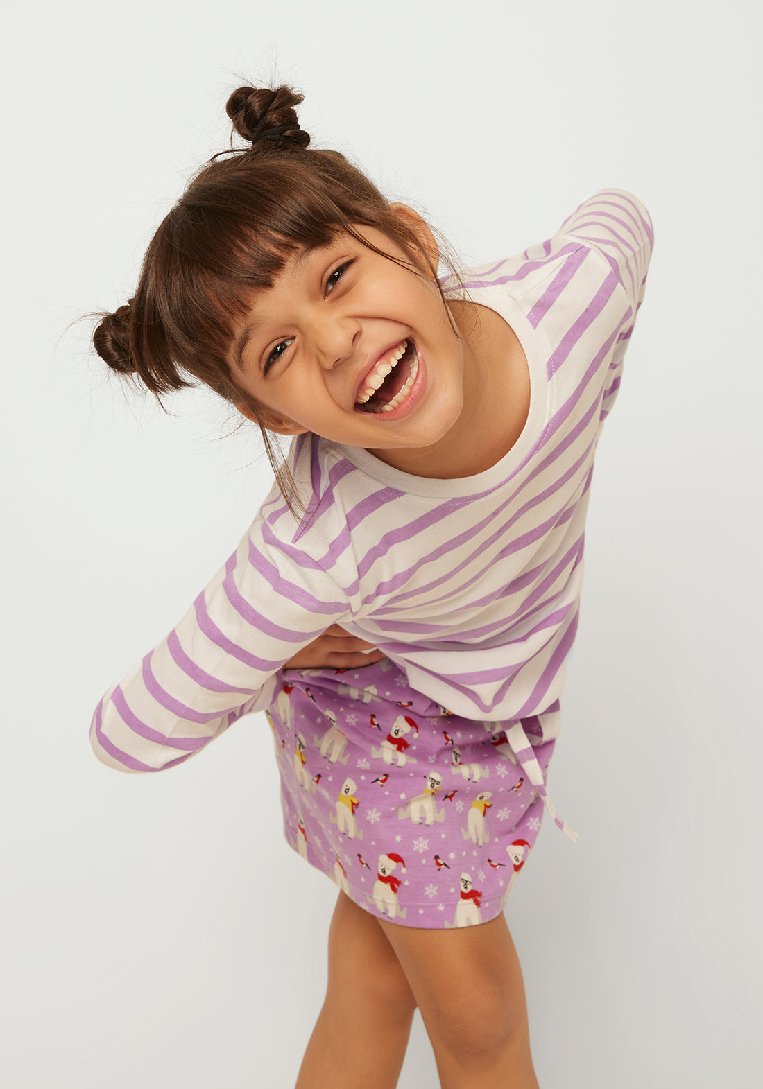 Stripe T-shirt with Lilac and White Polar Bear Printed skirt co-ord Set