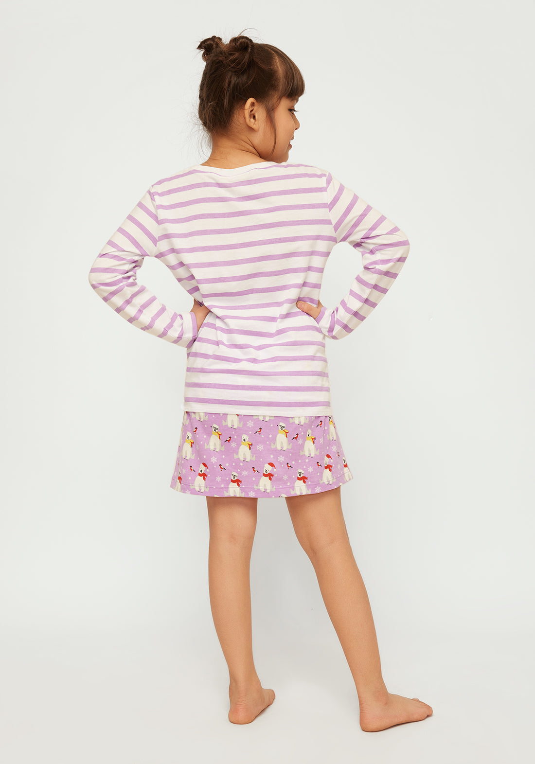 Stripe T-shirt with Lilac and White Polar Bear Printed skirt co-ord Set