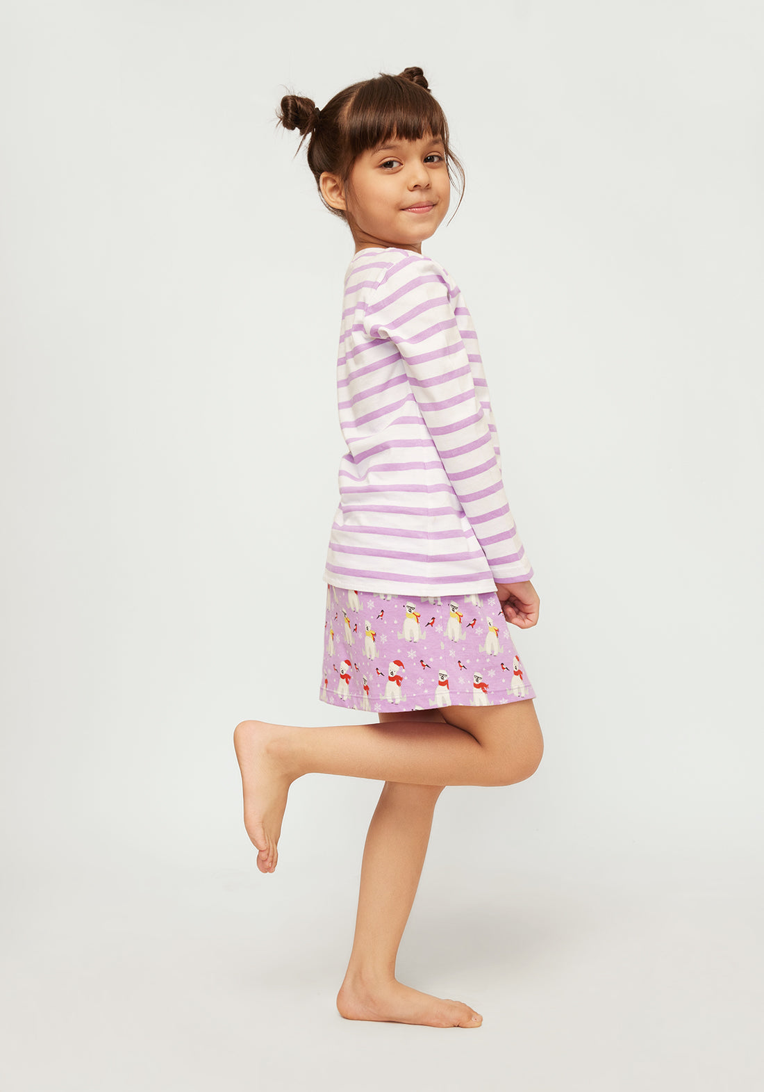 Stripe T-shirt with Lilac and White Polar Bear Printed skirt co-ord Set