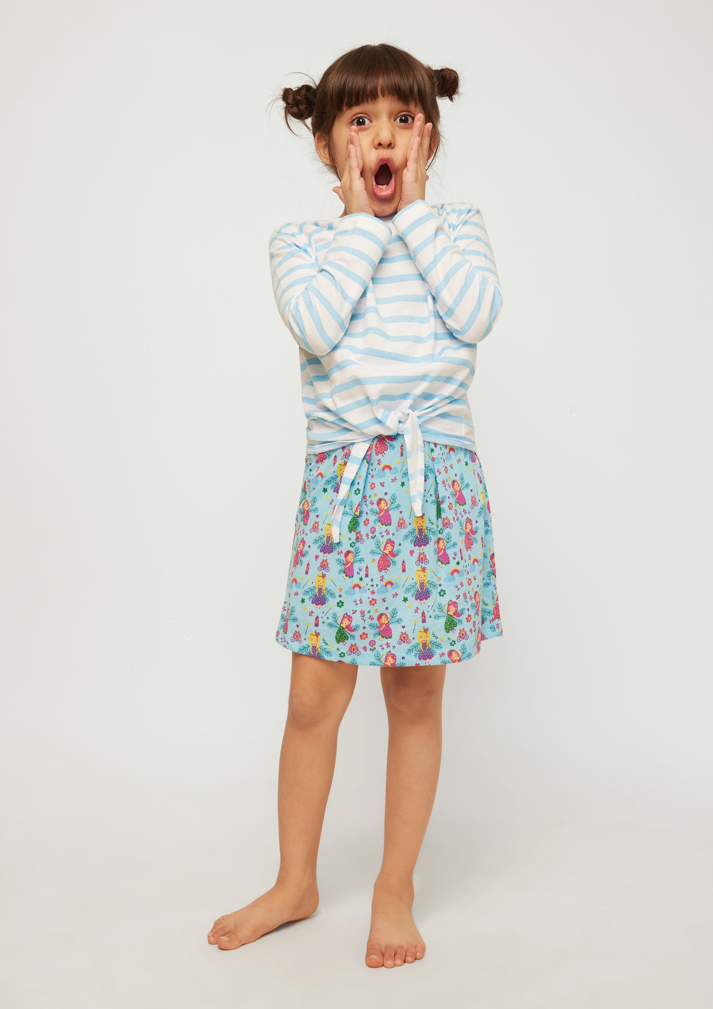 Stripe T-shirt with Multicolor Fairies Printed skirt co-ord Set