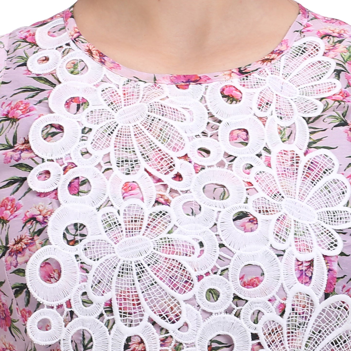 Pink floral cotton shift dress with lace detail