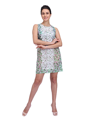 Aqua floral cotton dress with lace detail