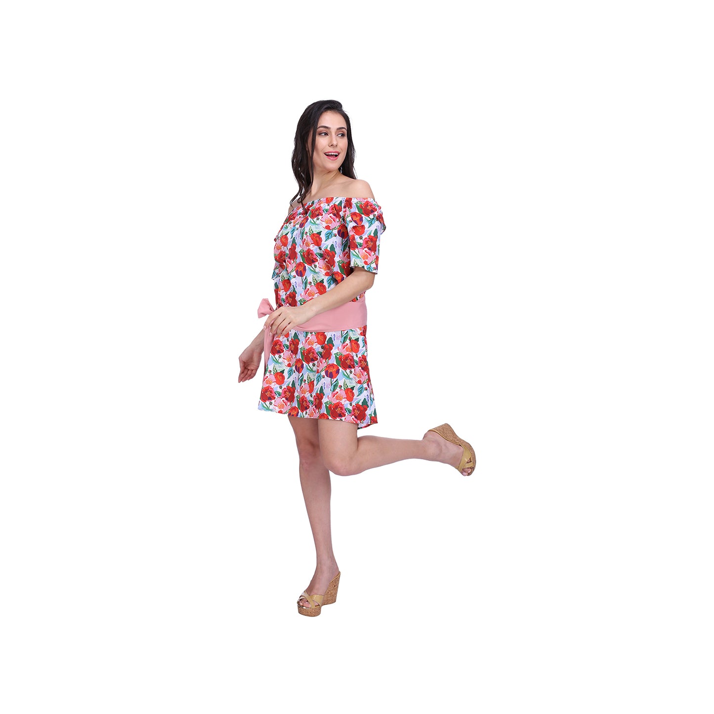 Multi Floral Off Shoulder Dress With Sash