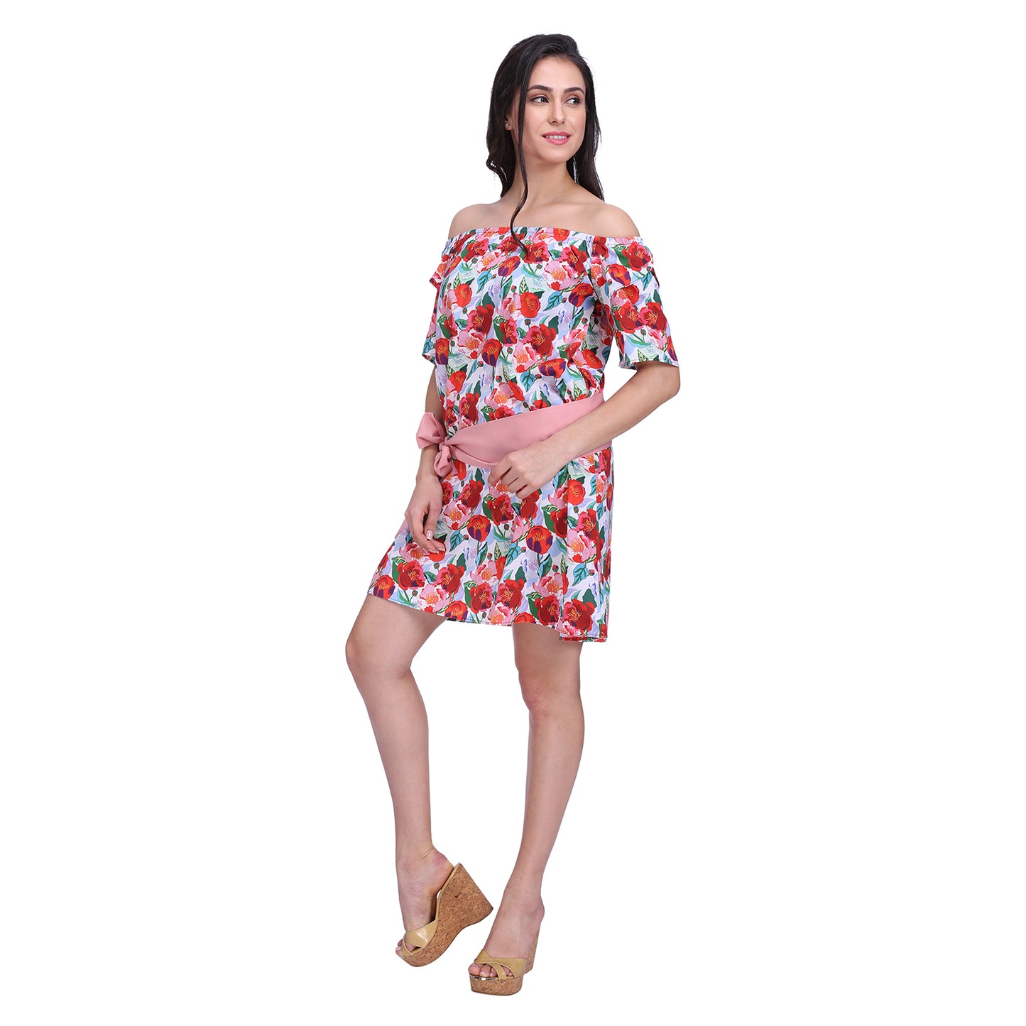 Multi Floral Off Shoulder Dress With Sash