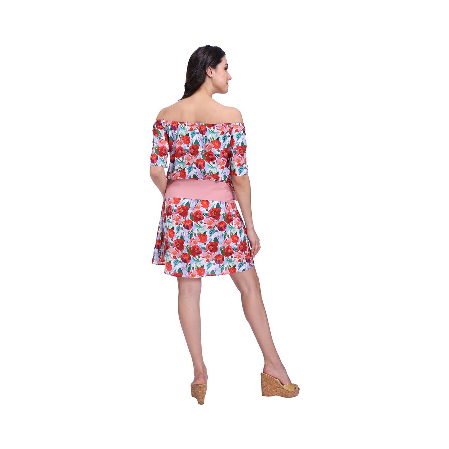 Multi Floral Off Shoulder Dress With Sash