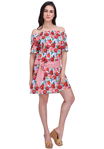 Multi Floral Off Shoulder Dress With Sash