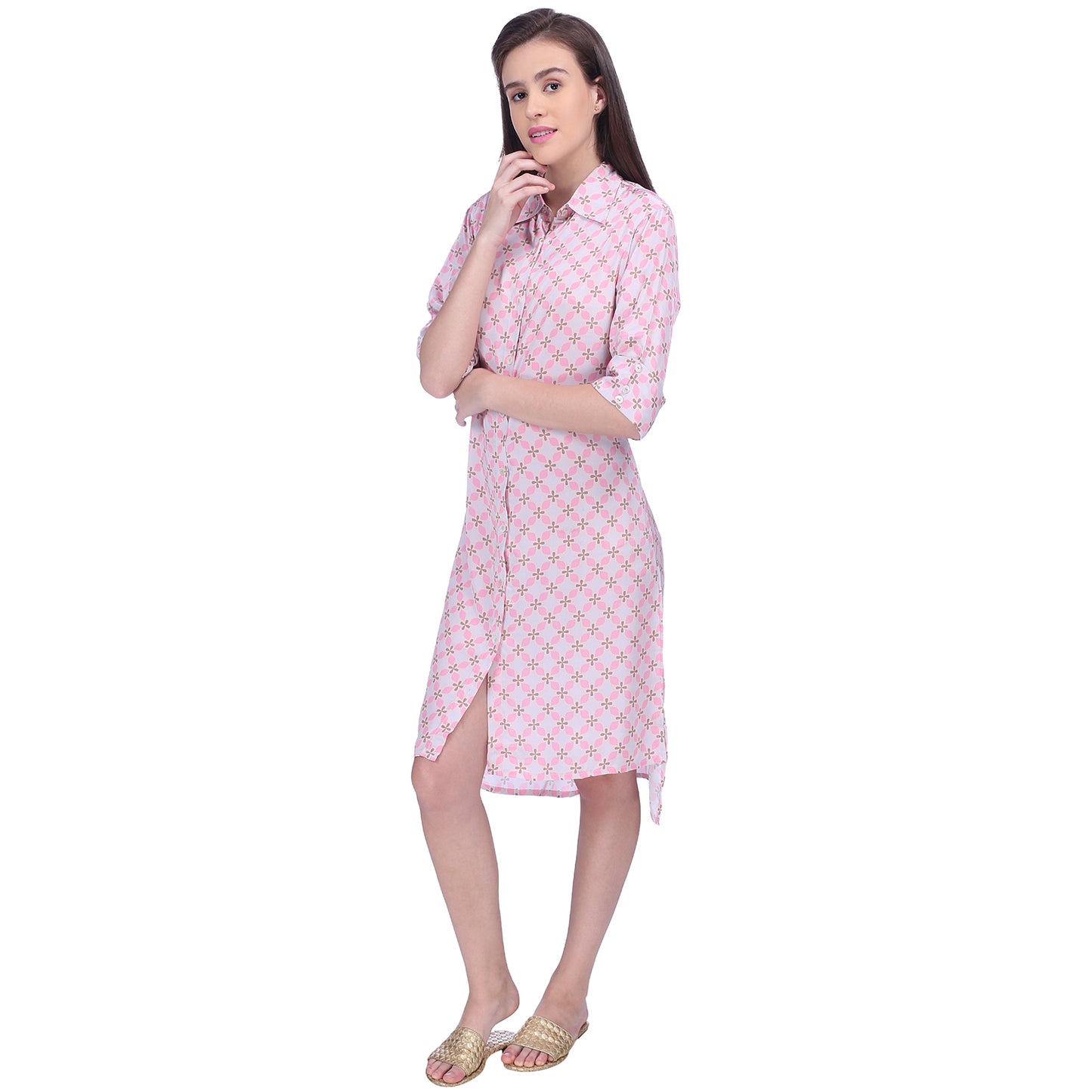 Geometric print brown and pink crepe shirt dress with roll up sleeves and long short hem
