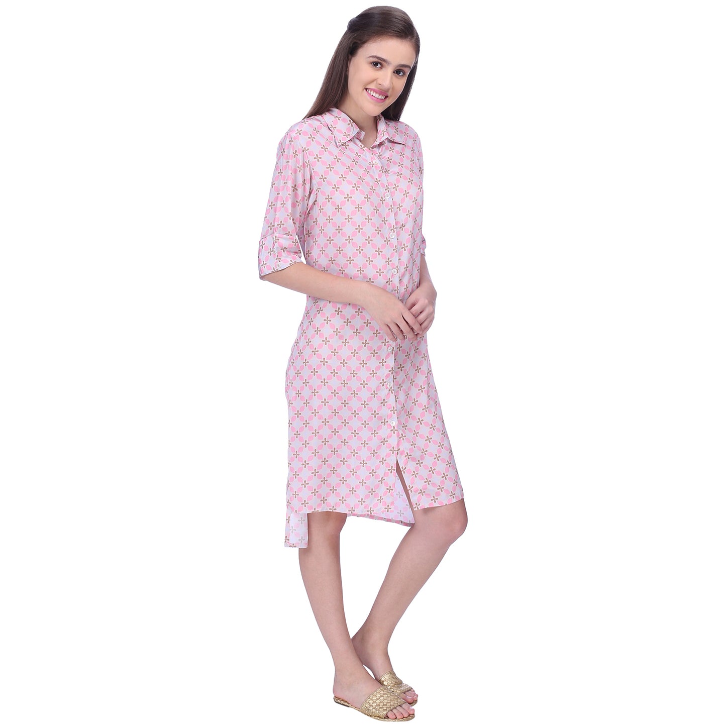 Geometric print brown and pink crepe shirt dress with roll up sleeves and long short hem