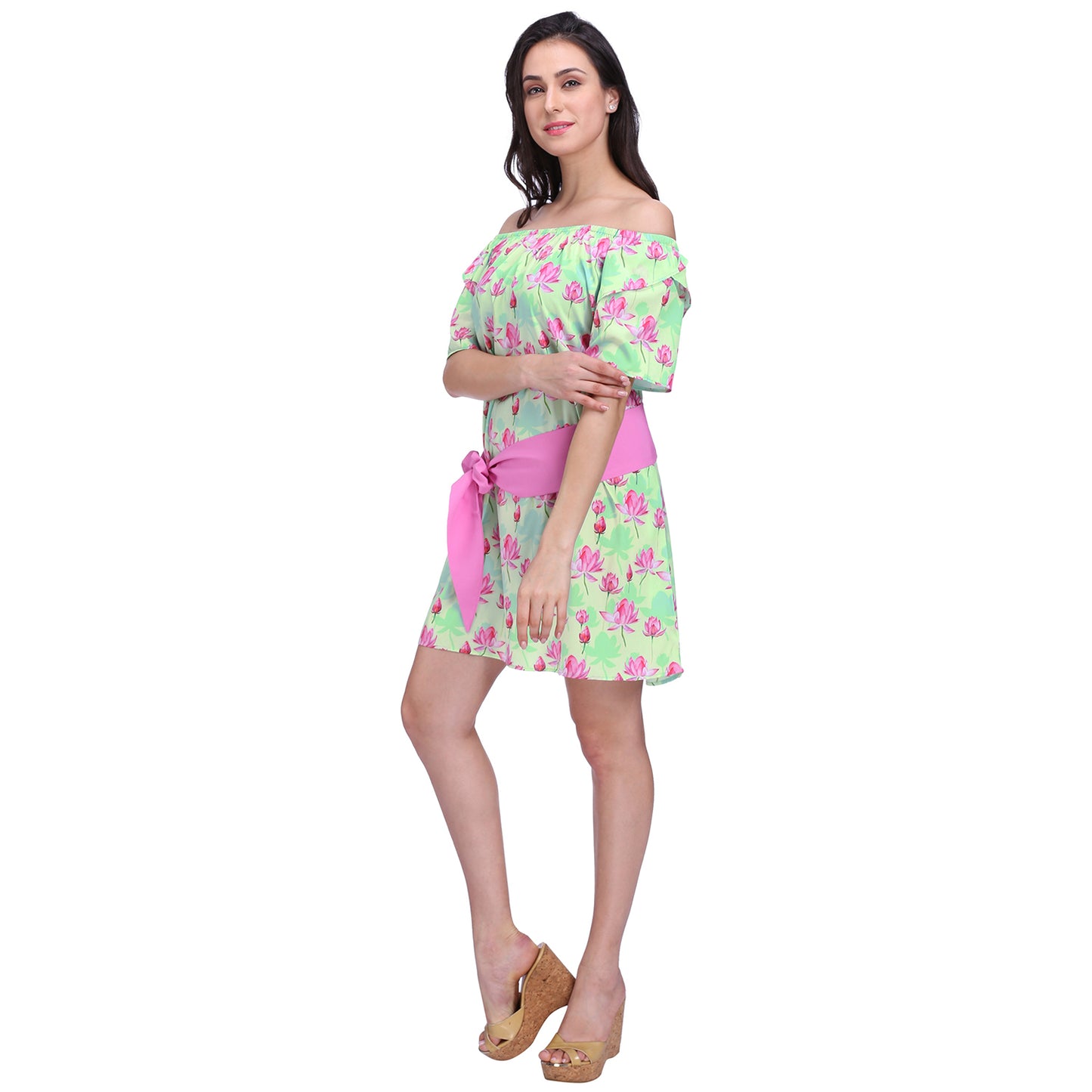 Lotus Print Off Shoulder Dress With Sash