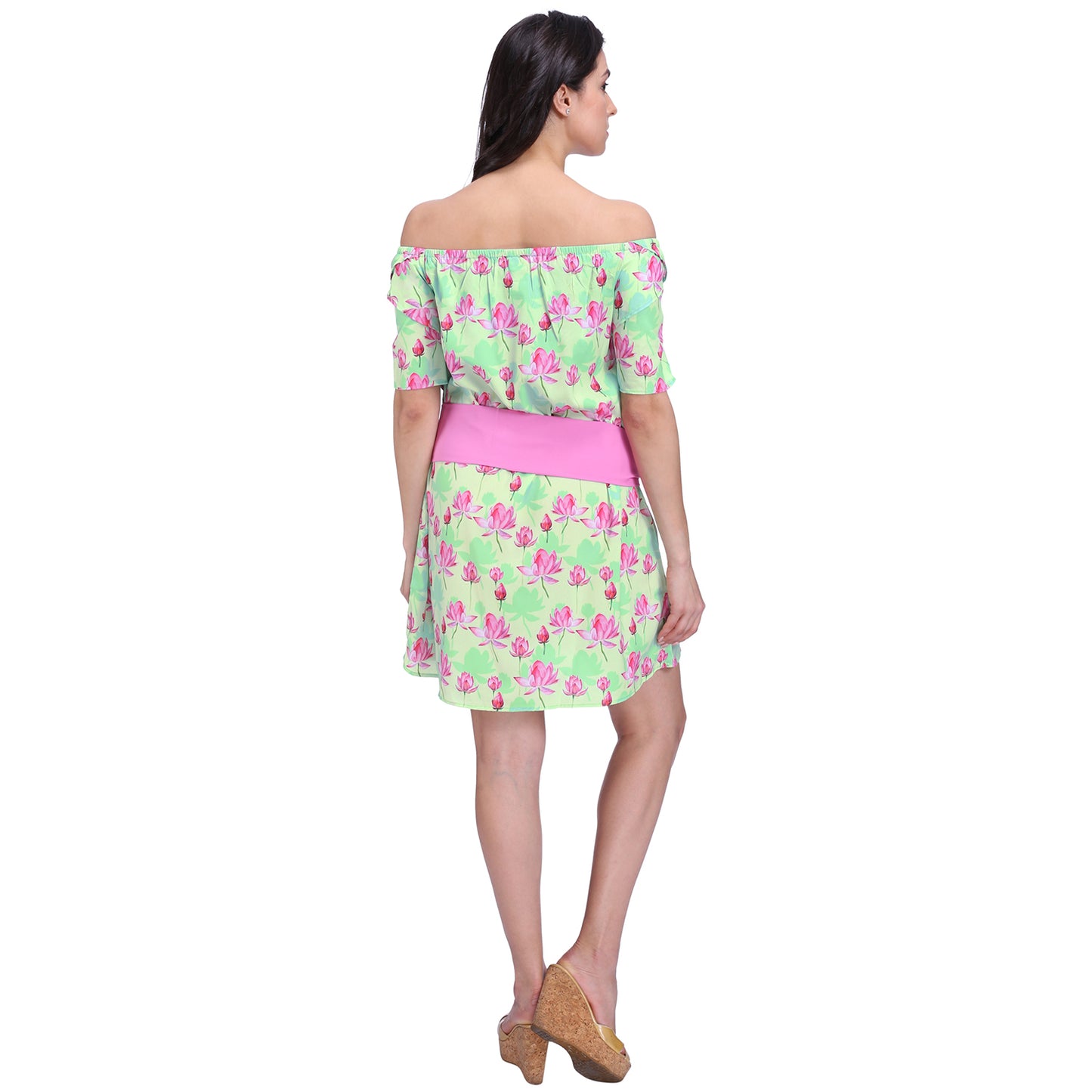 Lotus Print Off Shoulder Dress With Sash