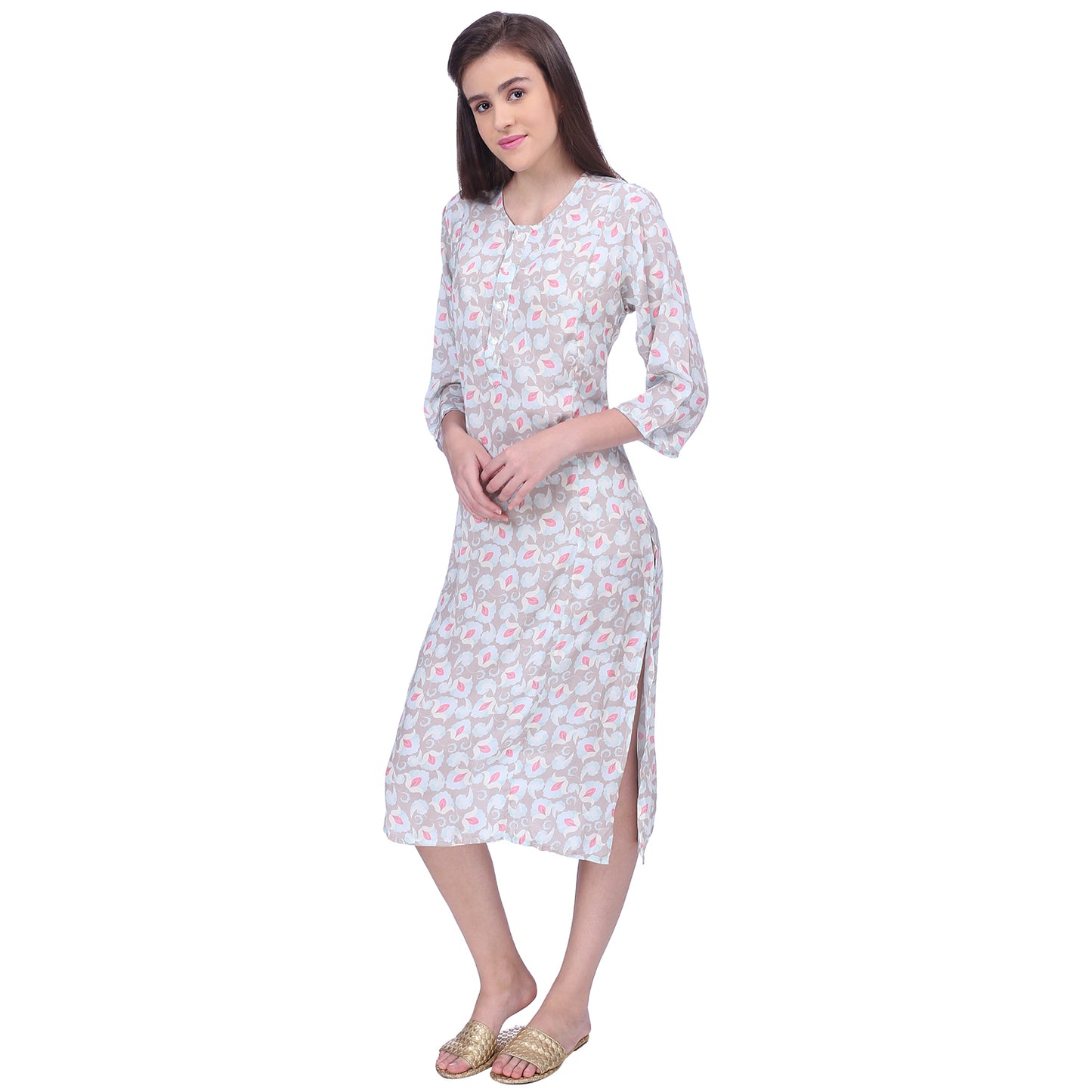 Khaki and pink floral printed button down crepe tunic
