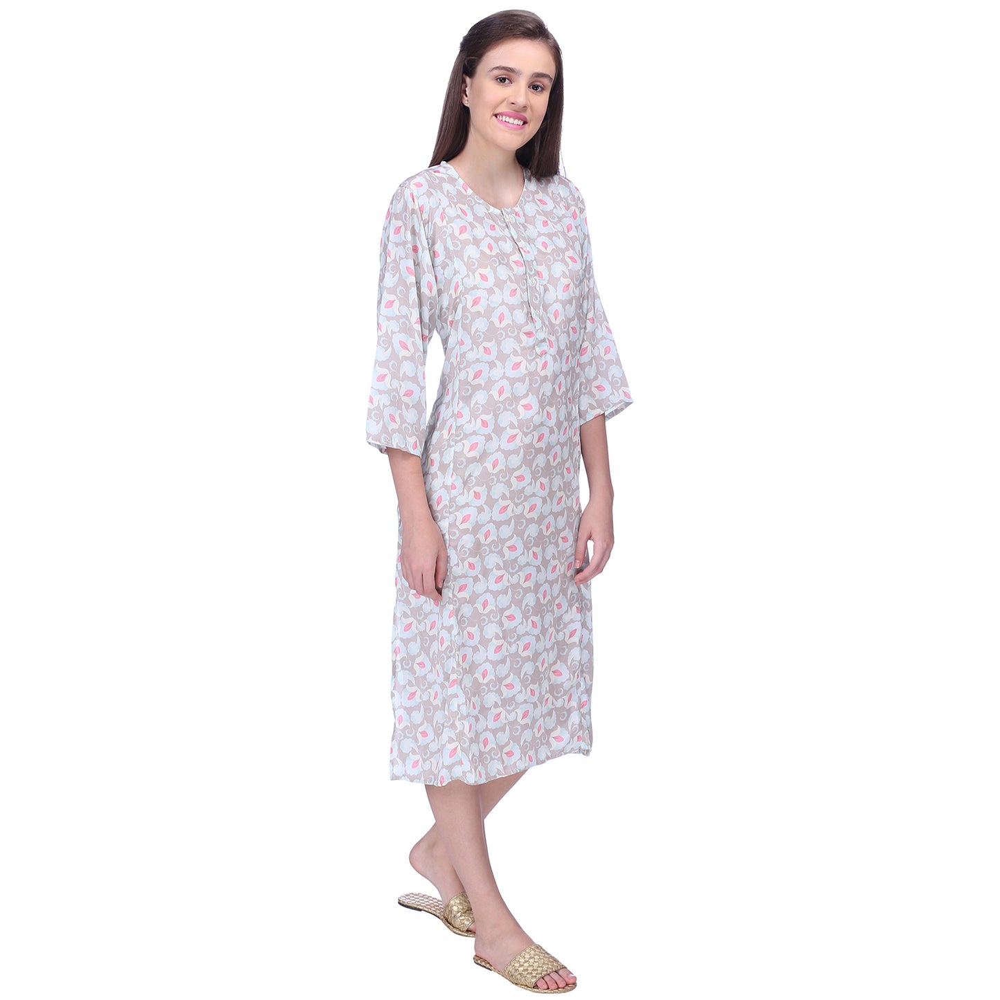 Khaki and pink floral printed button down crepe tunic