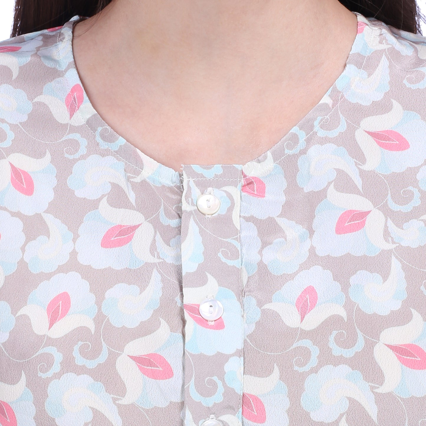 Khaki and pink floral printed button down crepe tunic