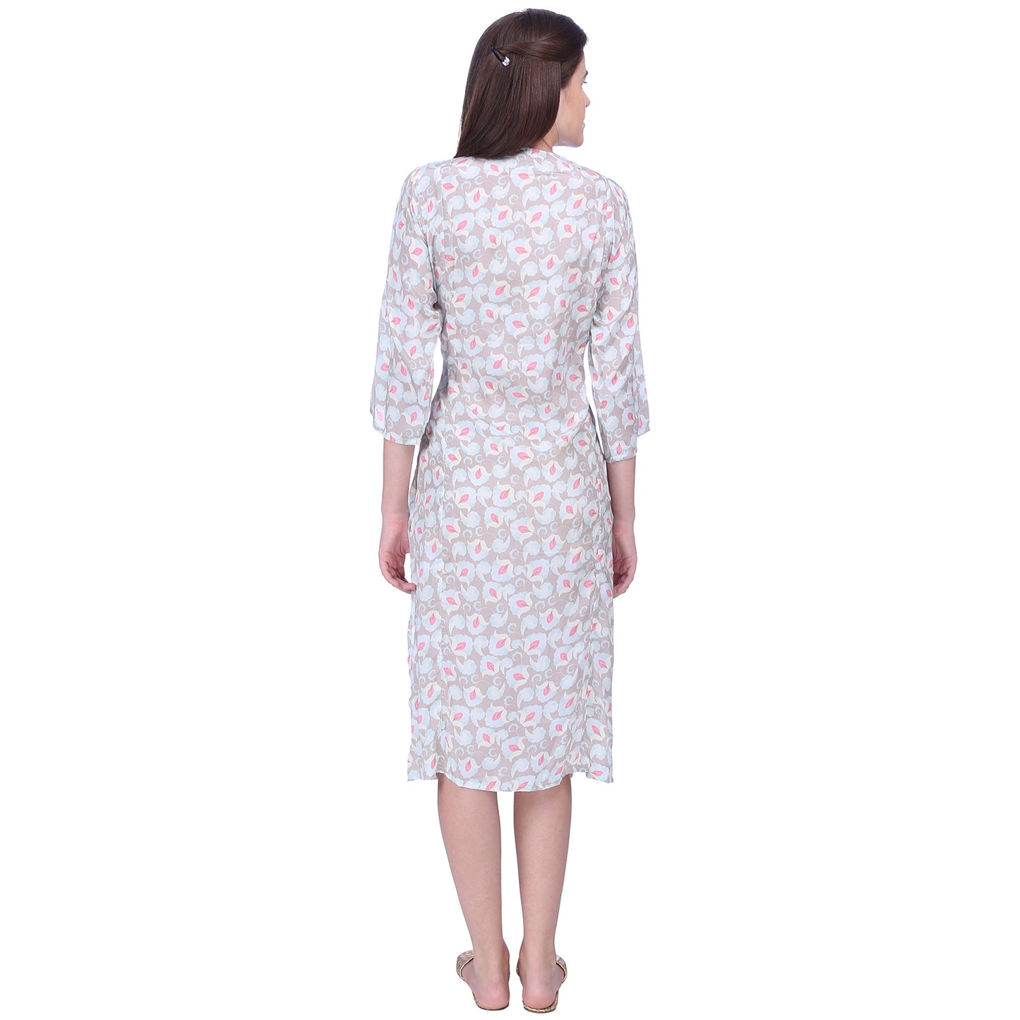 Khaki and pink floral printed button down crepe tunic