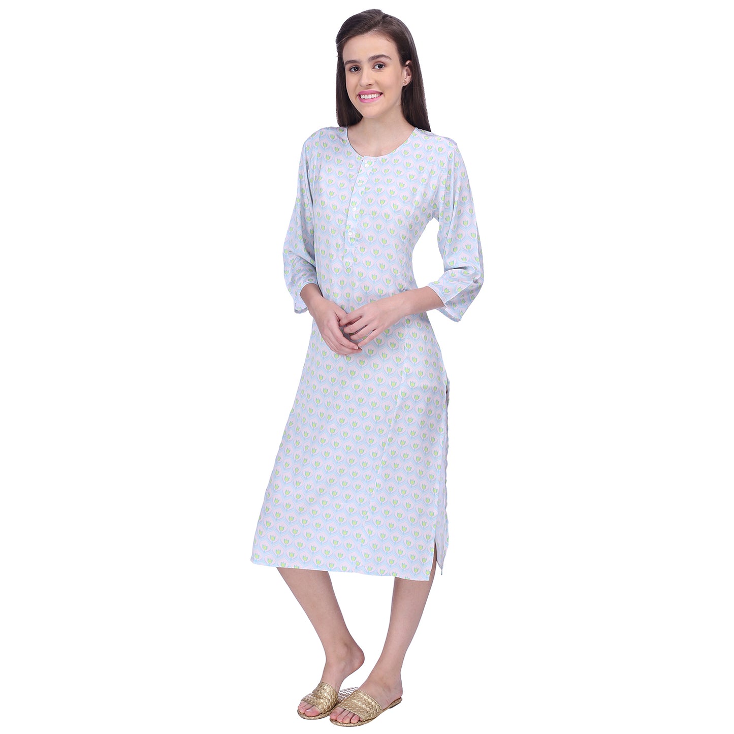Blue and green geometric moghul lotus print crepe button down tunic