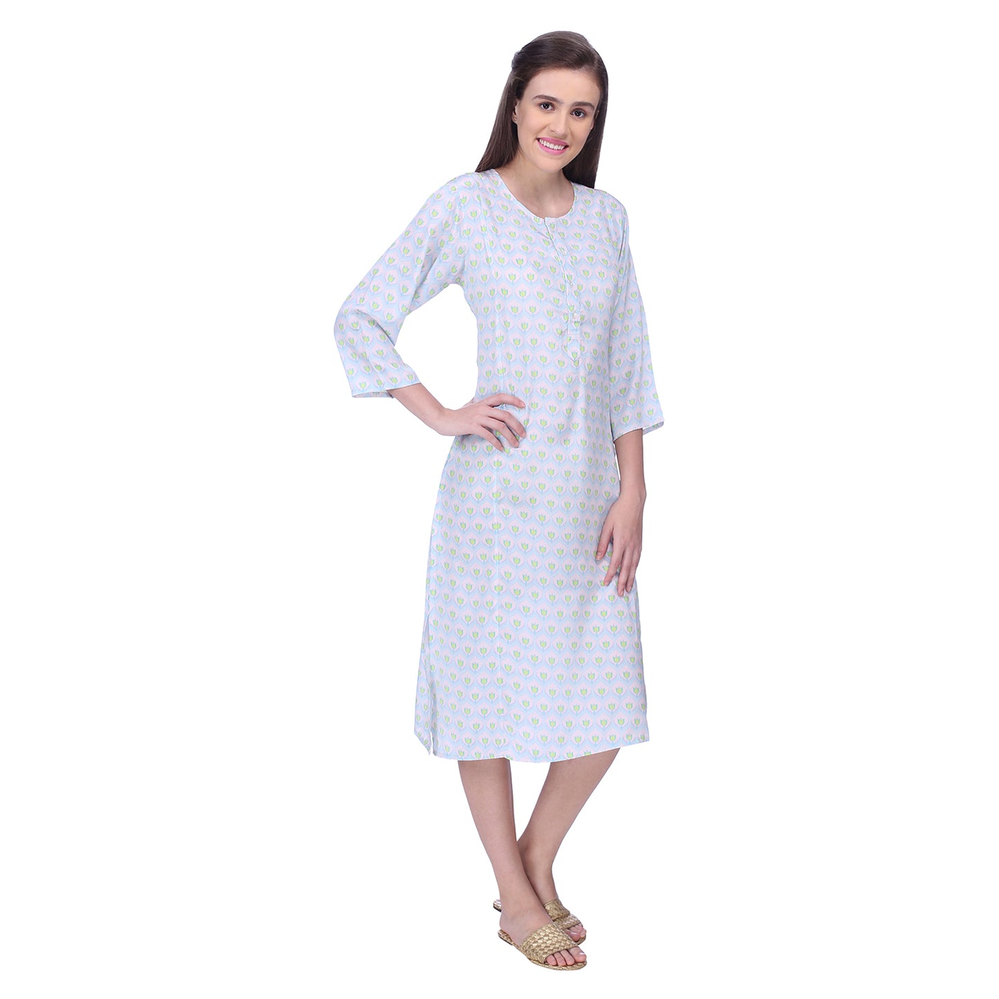 Blue and green geometric moghul lotus print crepe button down tunic