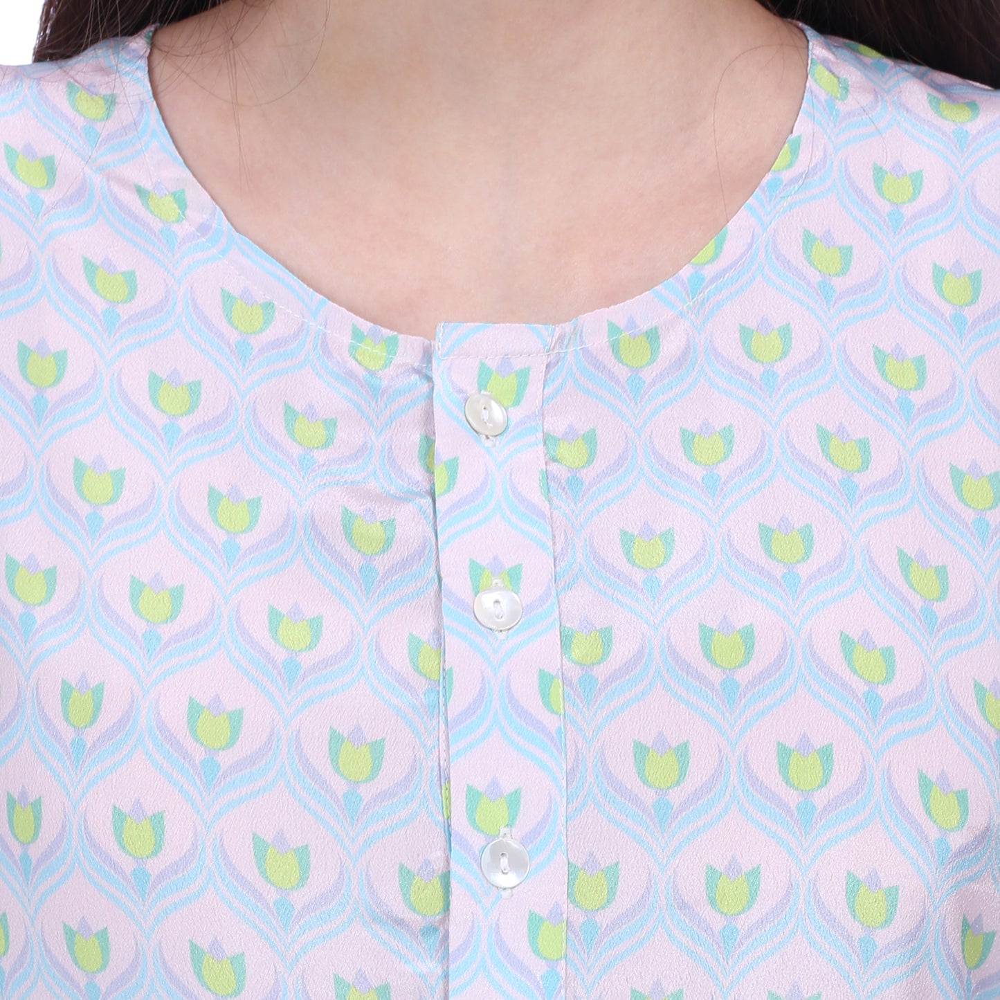 Blue and green geometric moghul lotus print crepe button down tunic