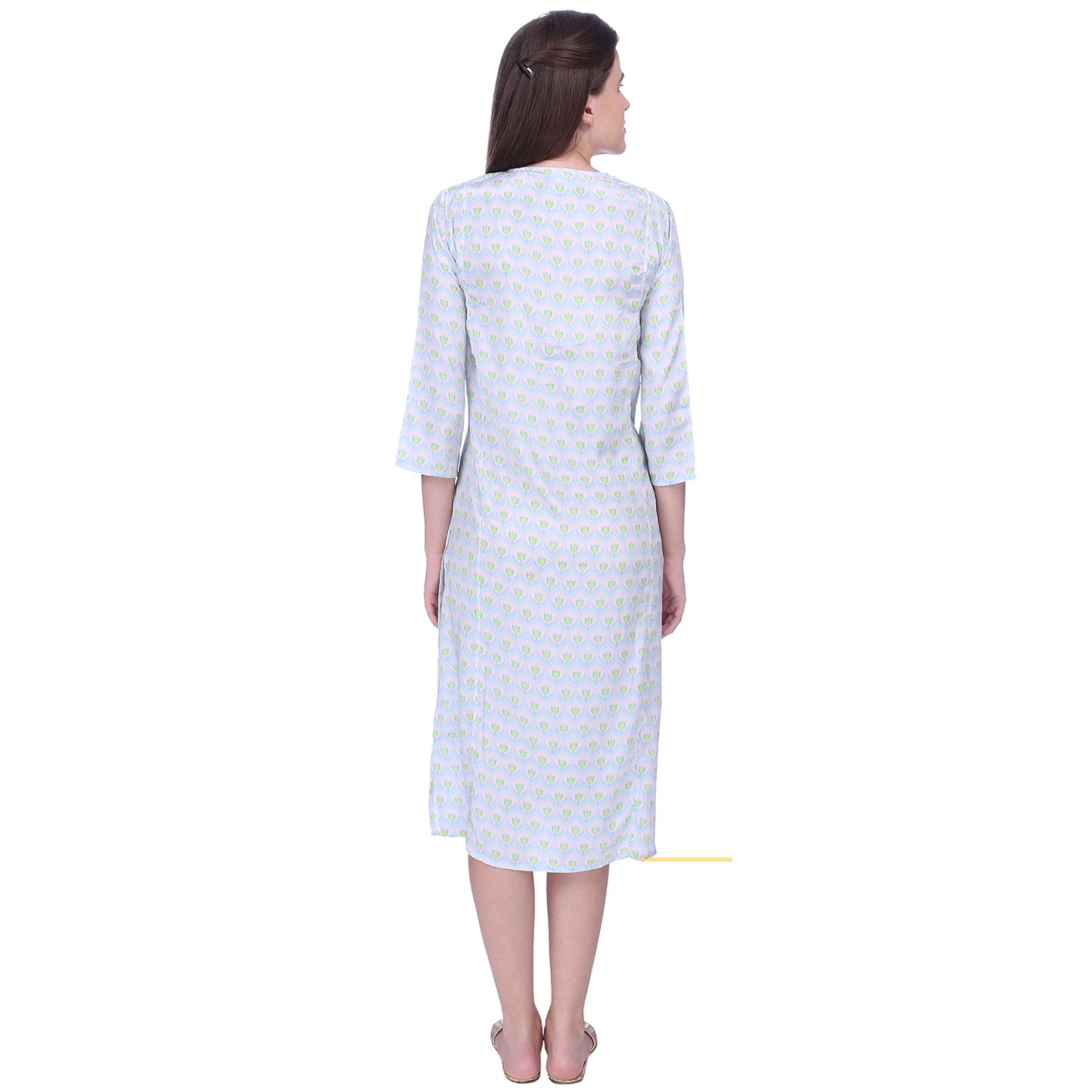 Blue and green geometric moghul lotus print crepe button down tunic