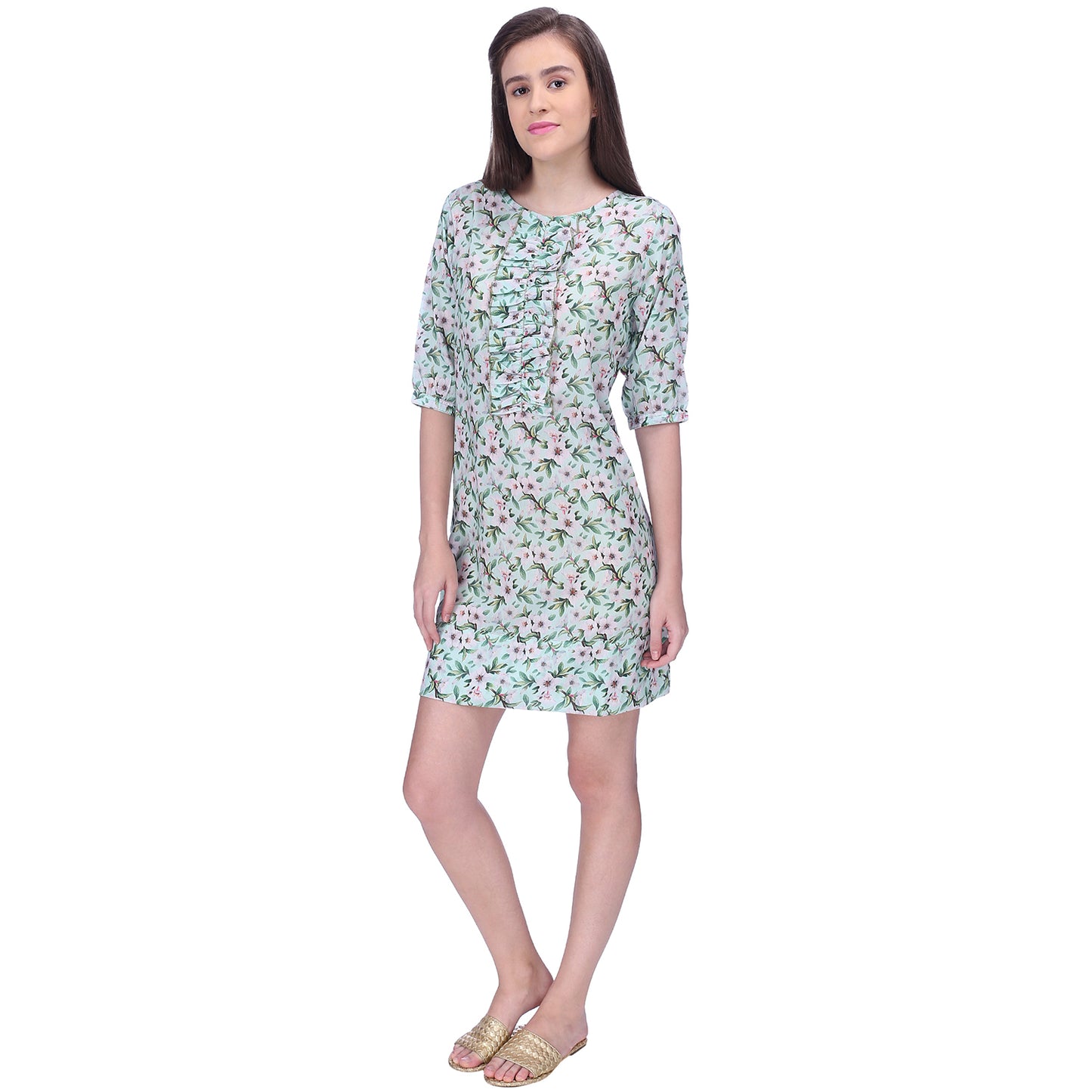 Aqua floral bloom ruffle front cotton silk dress
