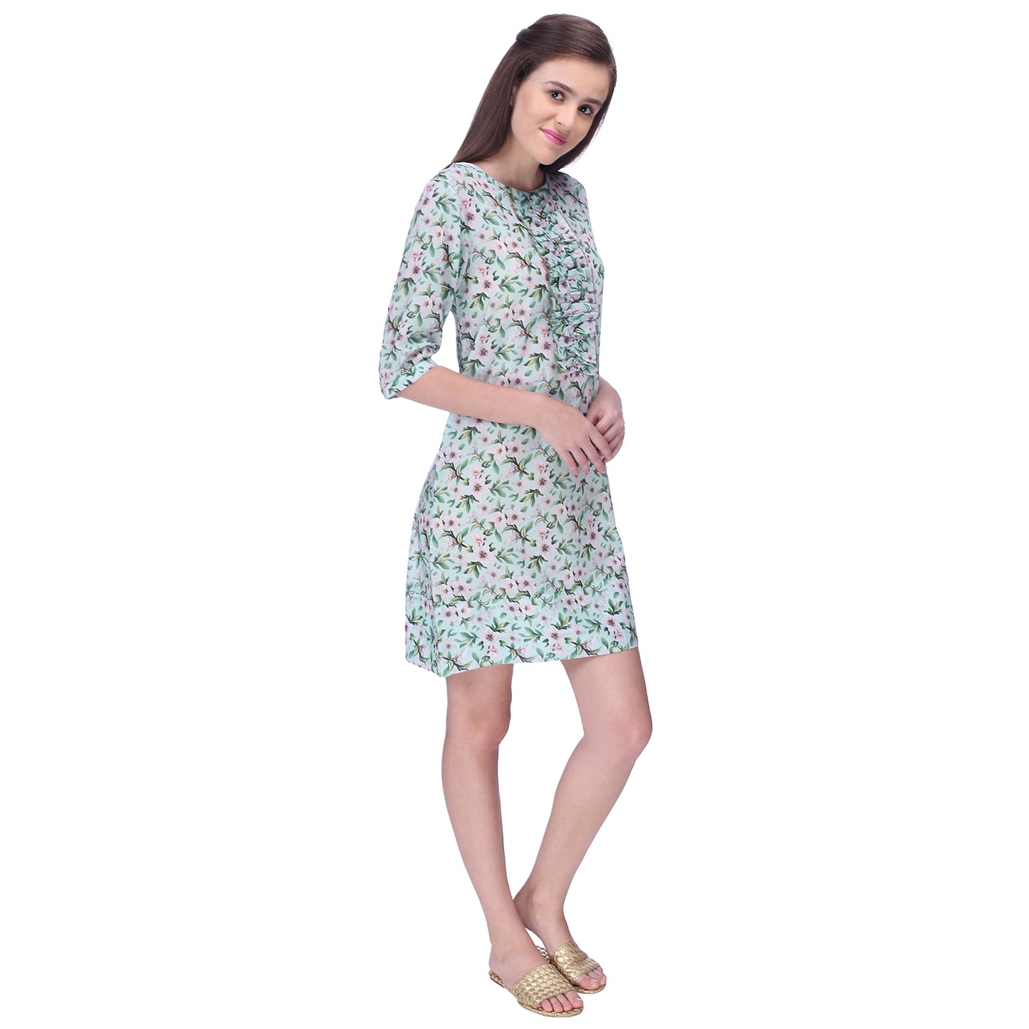 Aqua floral bloom ruffle front cotton silk dress