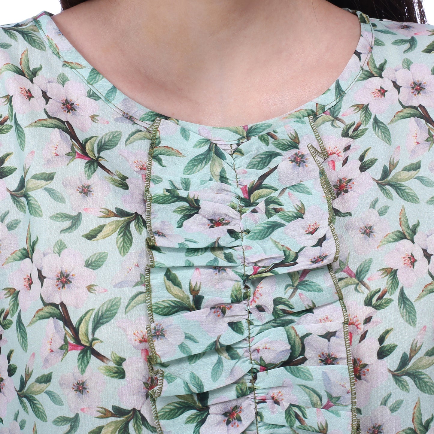 Aqua floral bloom ruffle front cotton silk dress