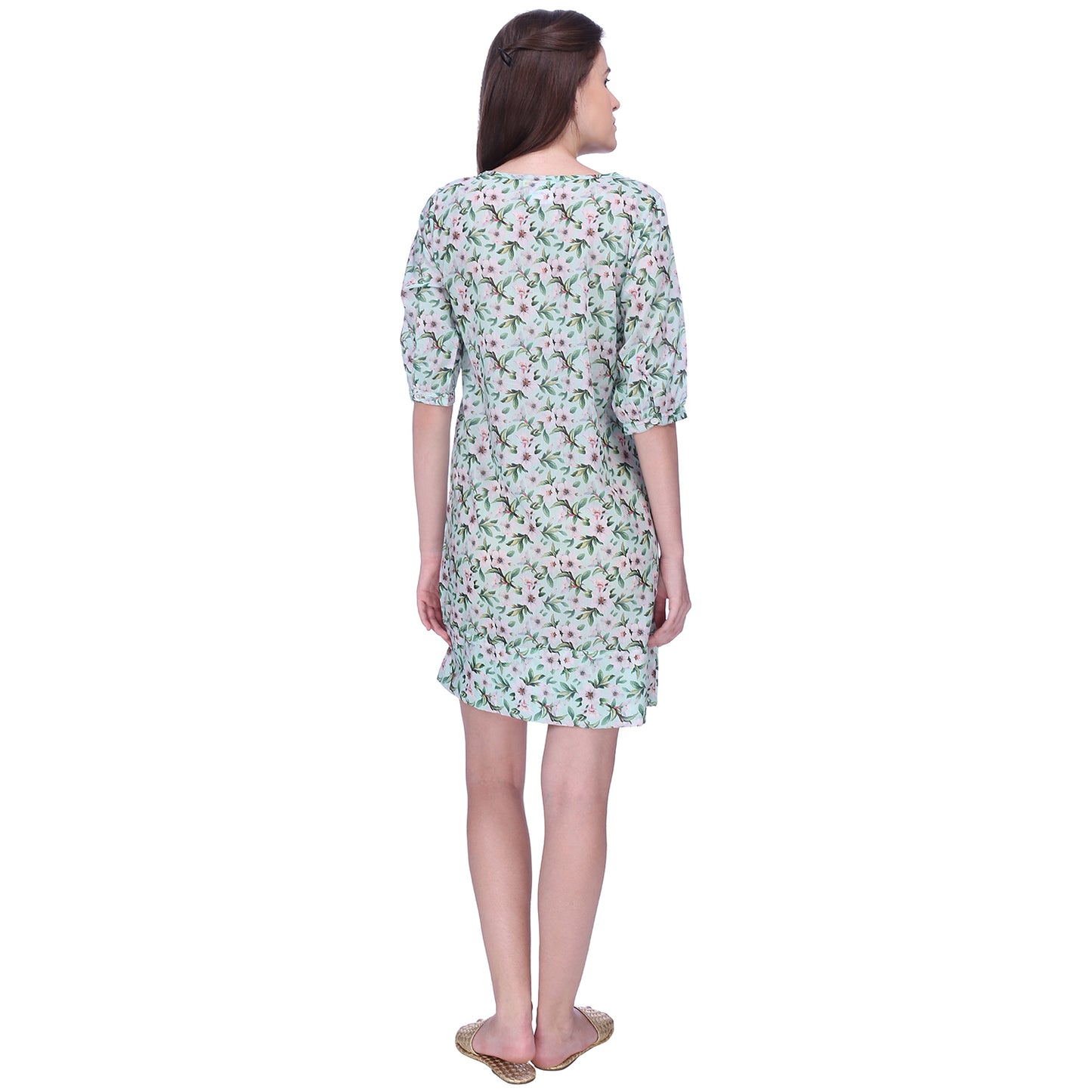 Aqua floral bloom ruffle front cotton silk dress