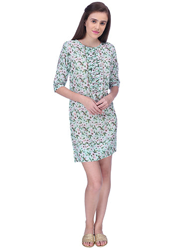 Aqua floral bloom ruffle front cotton silk dress