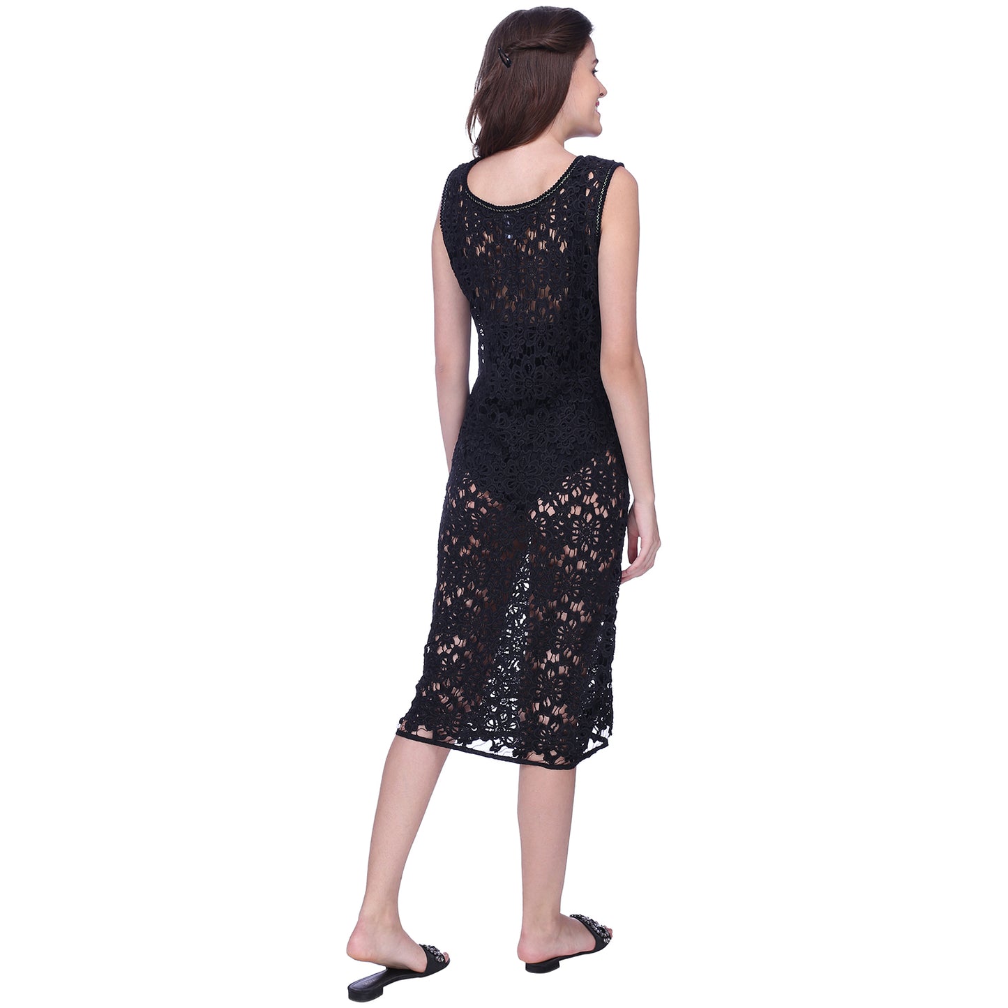 Black floral crochet long length swim coverup