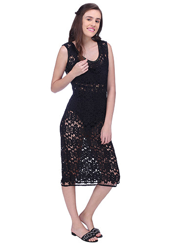 Black floral crochet long length swim coverup
