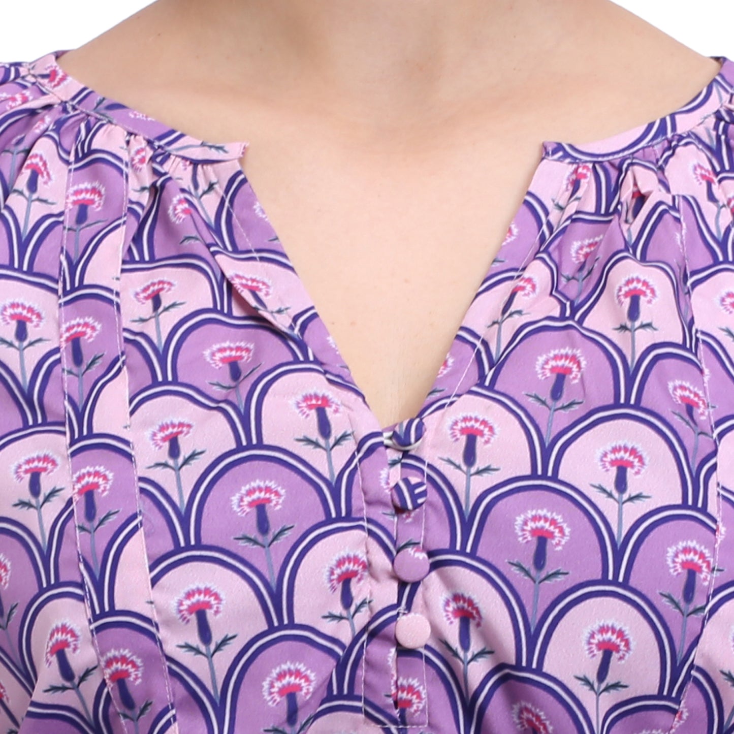 Purple and cream scallop print drop waisted tiered hem dress