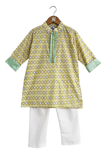 Aqua And Yellow Mosaic Boys Kurta