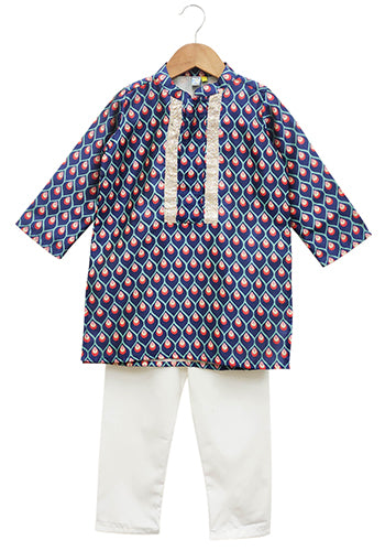 Royal Blue Geometric Print Tussar Silk kurta Set