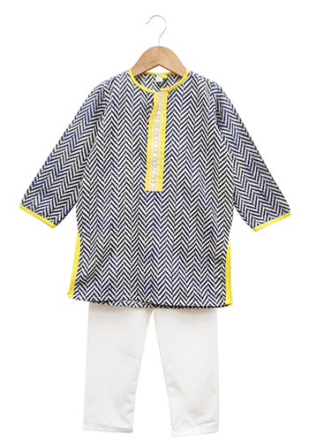 Navy Chevron Cotton Kurta Set
