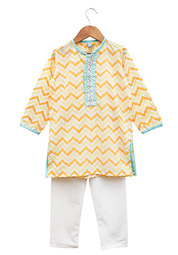 Mango And Aqua Printed Chevron Cotton Kurta Set