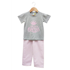 Grey Jersey Printed Tee With Pink Checked Pajamas Night Wear Set