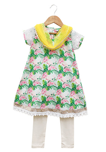 Vibrant Flamingo Printed Cotton Kurti Set
