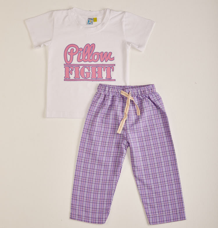 White Jersey Printed Tee With Purple Checked Pajamas Night Wear Set