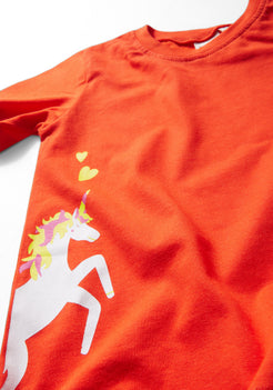 RED AND MULTICOLOR UNICORN PLACEMENT PRINT Short Sleeve Tee