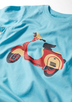 RED, YELLOW AND BLACK SCOOTER PLACEMENT PRINT Short Sleeve Tee