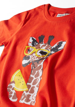 RED, YELLOW AND ORANGE GIRAFFE PLACEMENT PRINT Short Sleeve Tee