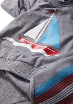 Grey Melange Terry Sweatshirt with Boat Print