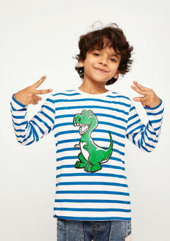 BLUE STRIPE WITH DINO PLACEMENT PRINT TEE
