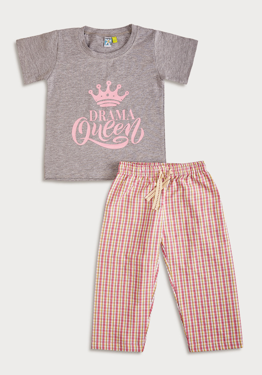 Grey Jersey Printed Tee With Pink Checked Pajamas Night Wear Set