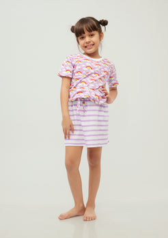 Lilac And Multicolor Rainbow Print T-shirt with Striped skirt co-ord Set