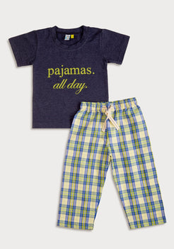 Navy Printed Jersey Tee With Blue And Green Checked Pajamas Night Wear Set