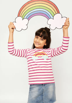 HOT PINK STRIPE WITH RAINBOW PLACEMENT PRINT TEE