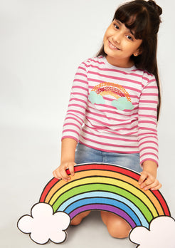 HOT PINK STRIPE WITH RAINBOW PLACEMENT PRINT TEE
