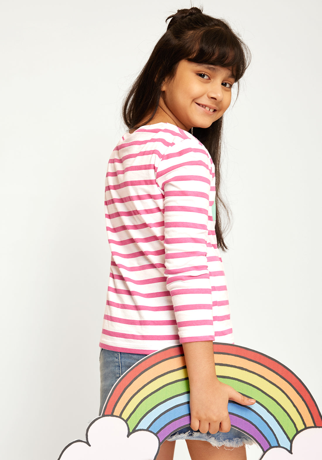 HOT PINK STRIPE WITH RAINBOW PLACEMENT PRINT TEE
